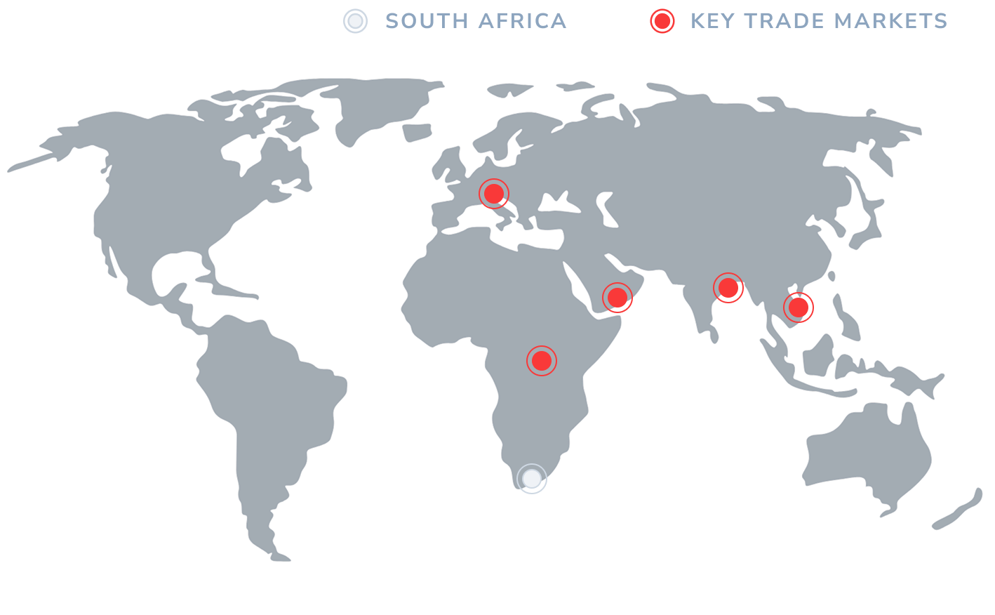 Global trade map showing South Africa links with India, China and the Arabian Gulf